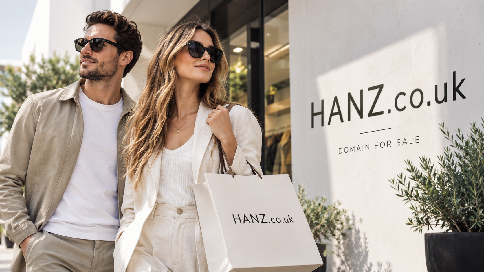 Stylish couple in neutral-toned fashion outside a contemporary boutique, with HANZ.co.uk displayed on the storefront alongside a discreet Domain For Sale message.
