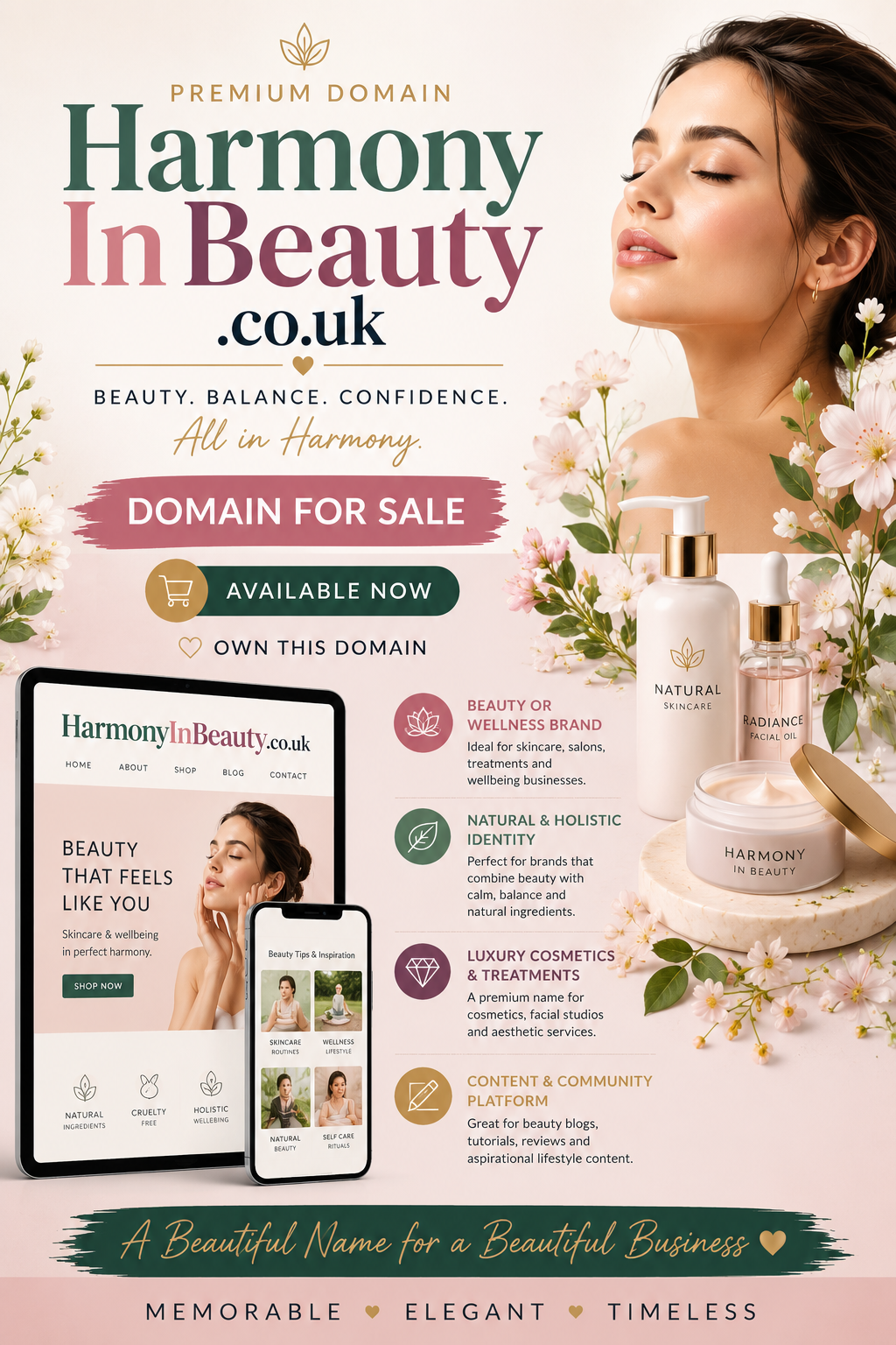 Promotional domain graphic featuring the domain HarmonyInBeauty.co.uk with skincare products and floral beauty imagery. Style: elegant luxury.