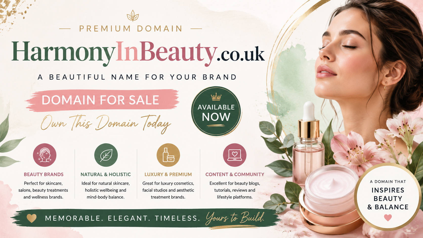 Promotional domain graphic featuring the domain HarmonyInBeauty.co.uk with skincare products and floral beauty imagery. Style: elegant luxury.