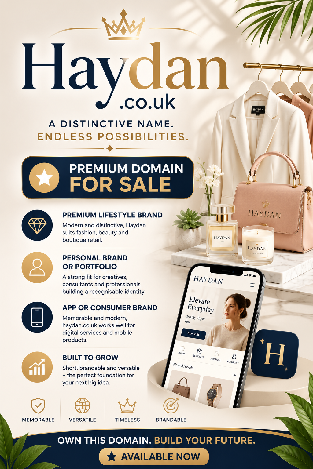 Promotional graphic featuring the domain Haydan.co.uk, shown with premium lifestyle branding, elegant product packaging and a mobile app. Style: bright, modern and luxurious.