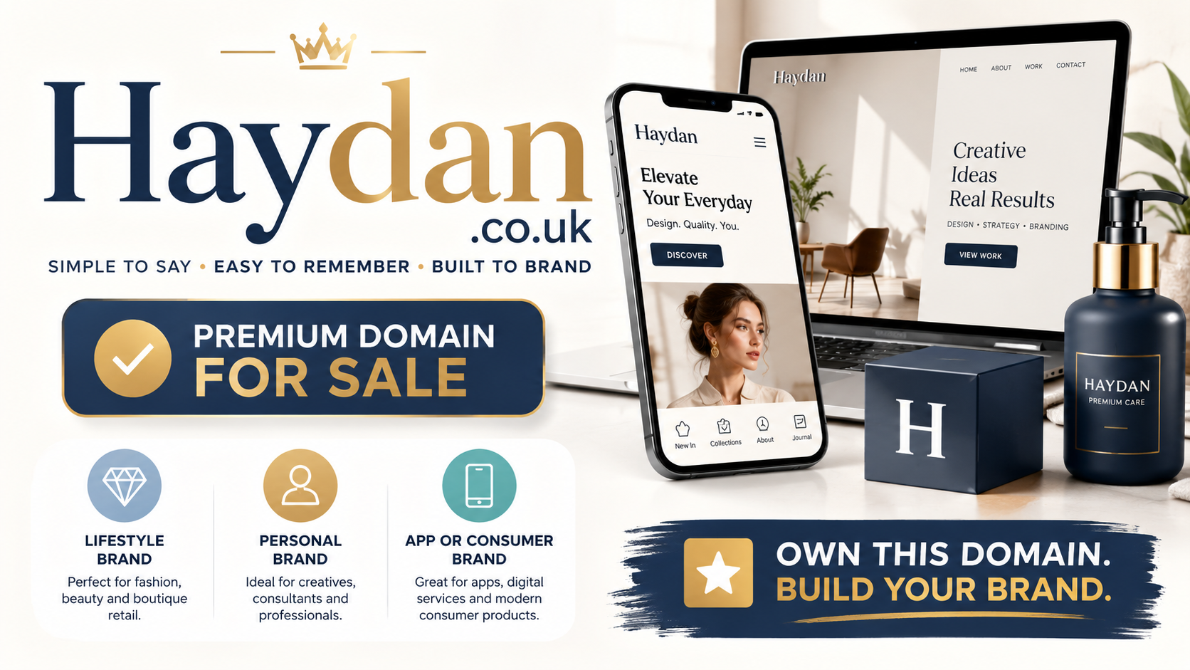 Promotional graphic featuring the domain Haydan.co.uk, shown with premium lifestyle branding, elegant product packaging and a mobile app. Style: bright, modern and luxurious.