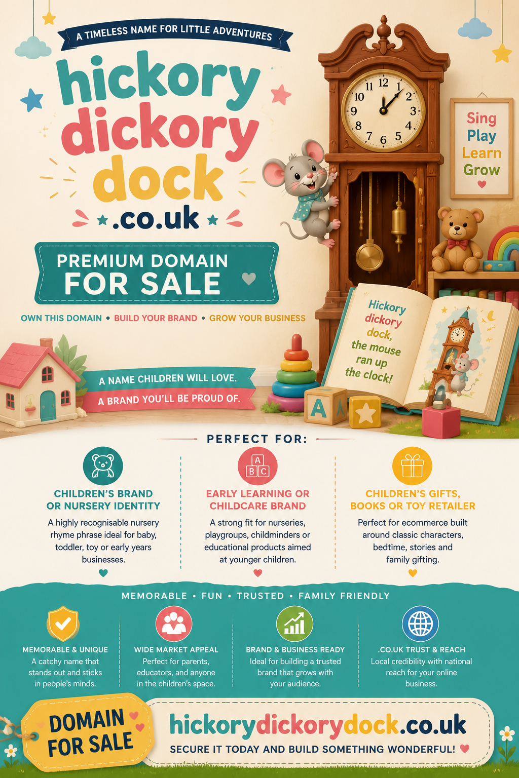 Playful nursery-themed graphic for hickorydickorydock.co.uk with storybook mouse, grandfather clock and toy imagery.