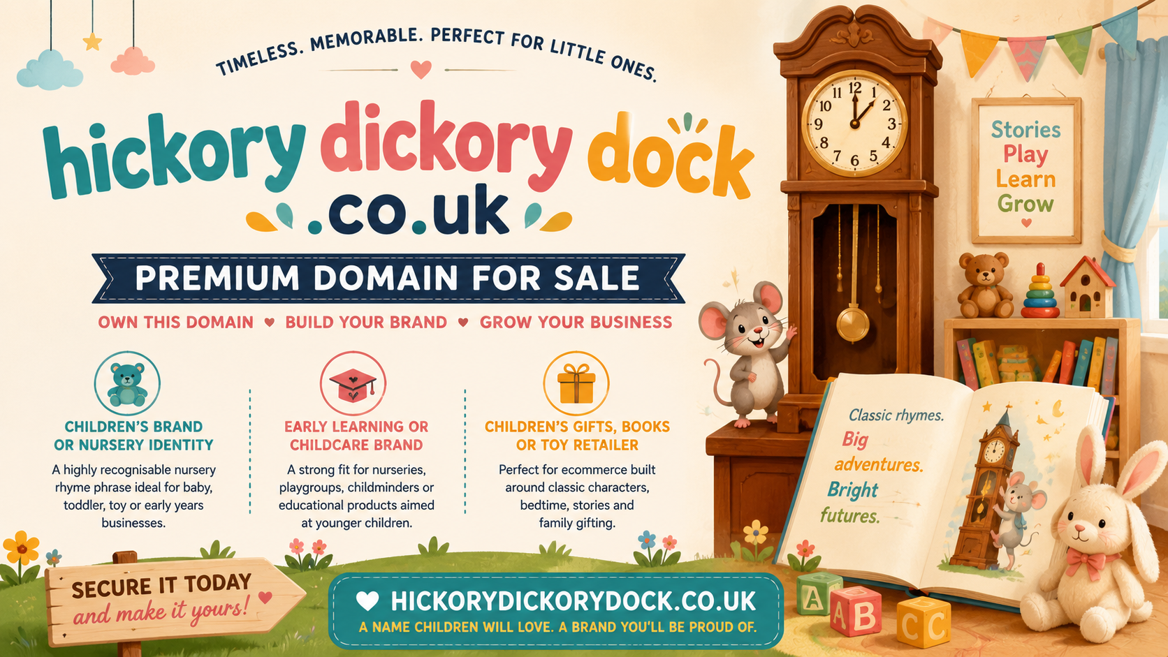 Playful nursery-themed graphic for hickorydickorydock.co.uk with storybook mouse, grandfather clock and toy imagery.