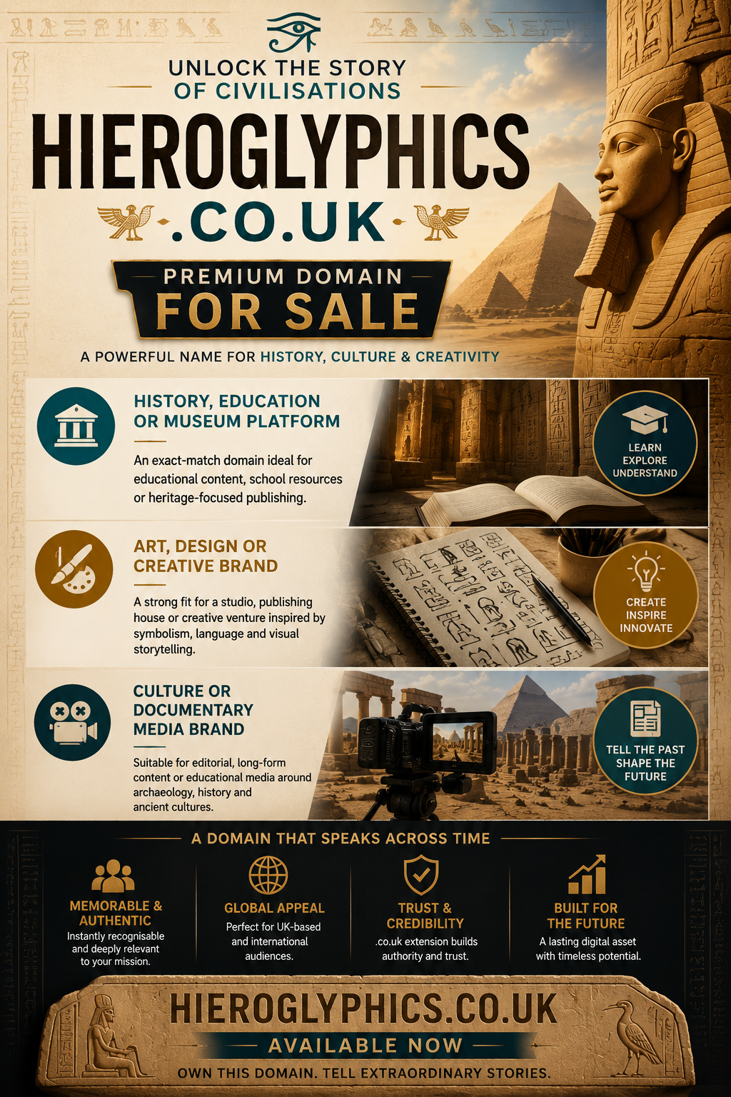 Egyptian-themed graphic for hieroglyphics.co.uk with pyramids, ancient symbols and heritage branding visuals.