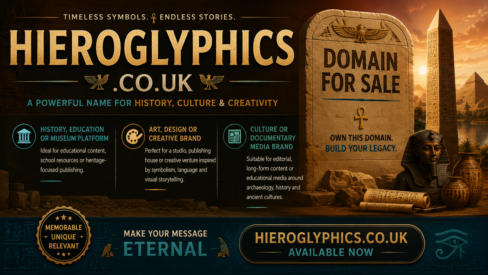 Egyptian-themed graphic for hieroglyphics.co.uk with pyramids, ancient symbols and heritage branding visuals.