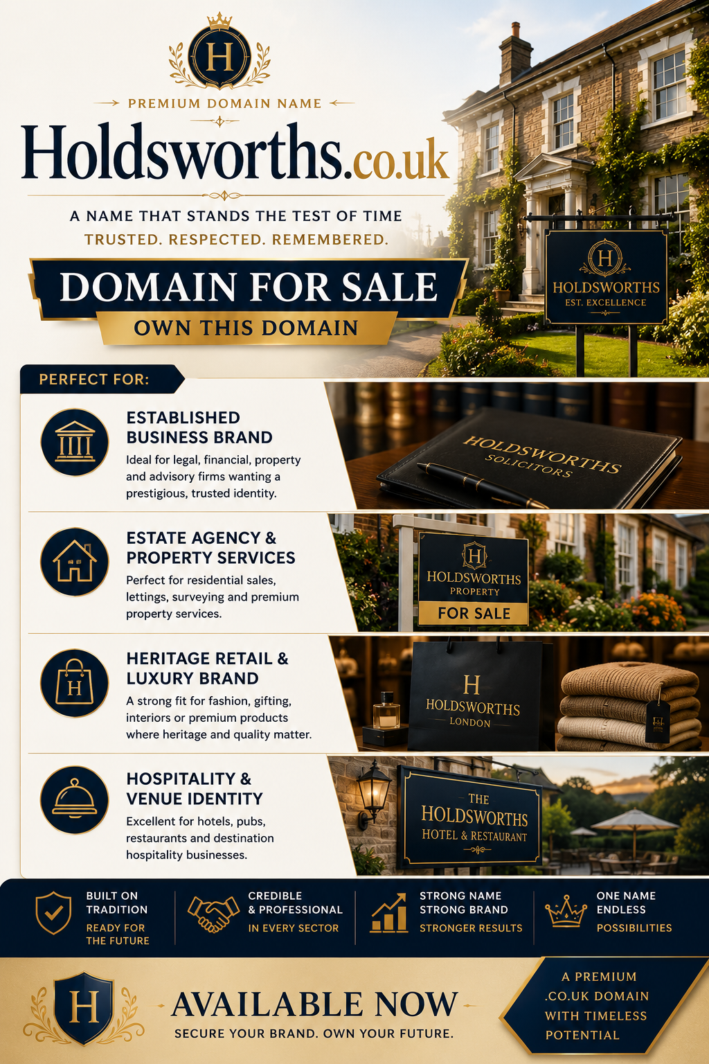 Promotional graphic featuring the domain Holdsworths.co.uk, shown with heritage property, luxury retail and hospitality branding. Style: elegant traditional.