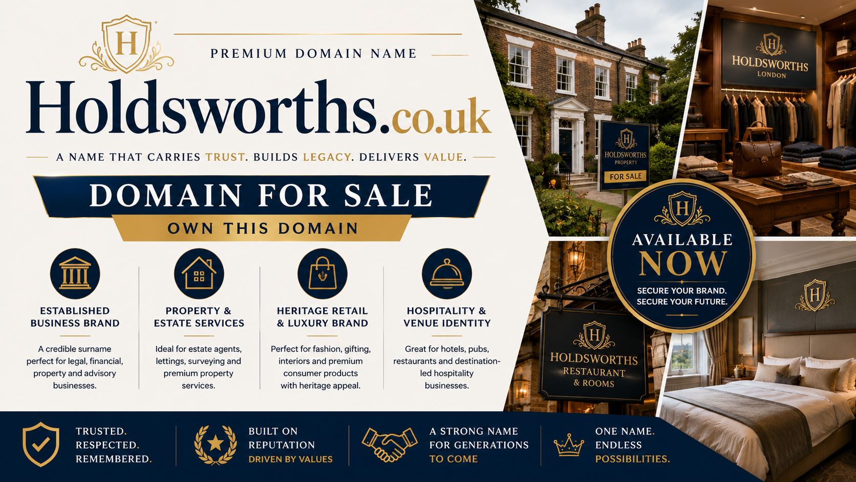 Promotional graphic featuring the domain Holdsworths.co.uk, shown with heritage property, luxury retail and hospitality branding. Style: elegant traditional.