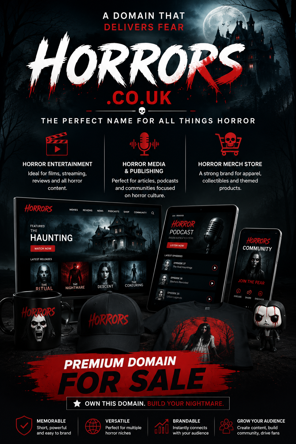 Promotional graphic featuring the domain Horrors.co.uk, shown with horror film imagery, streaming devices and themed merchandise. Style: bold, cinematic and modern.