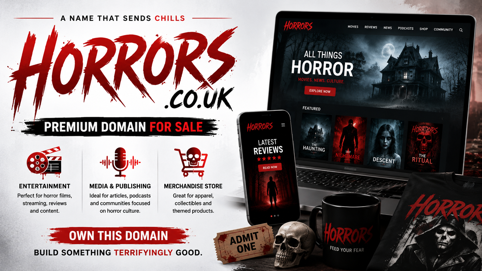 Promotional graphic featuring the domain Horrors.co.uk, shown with horror film imagery, streaming devices and themed merchandise. Style: bold, cinematic and modern.
