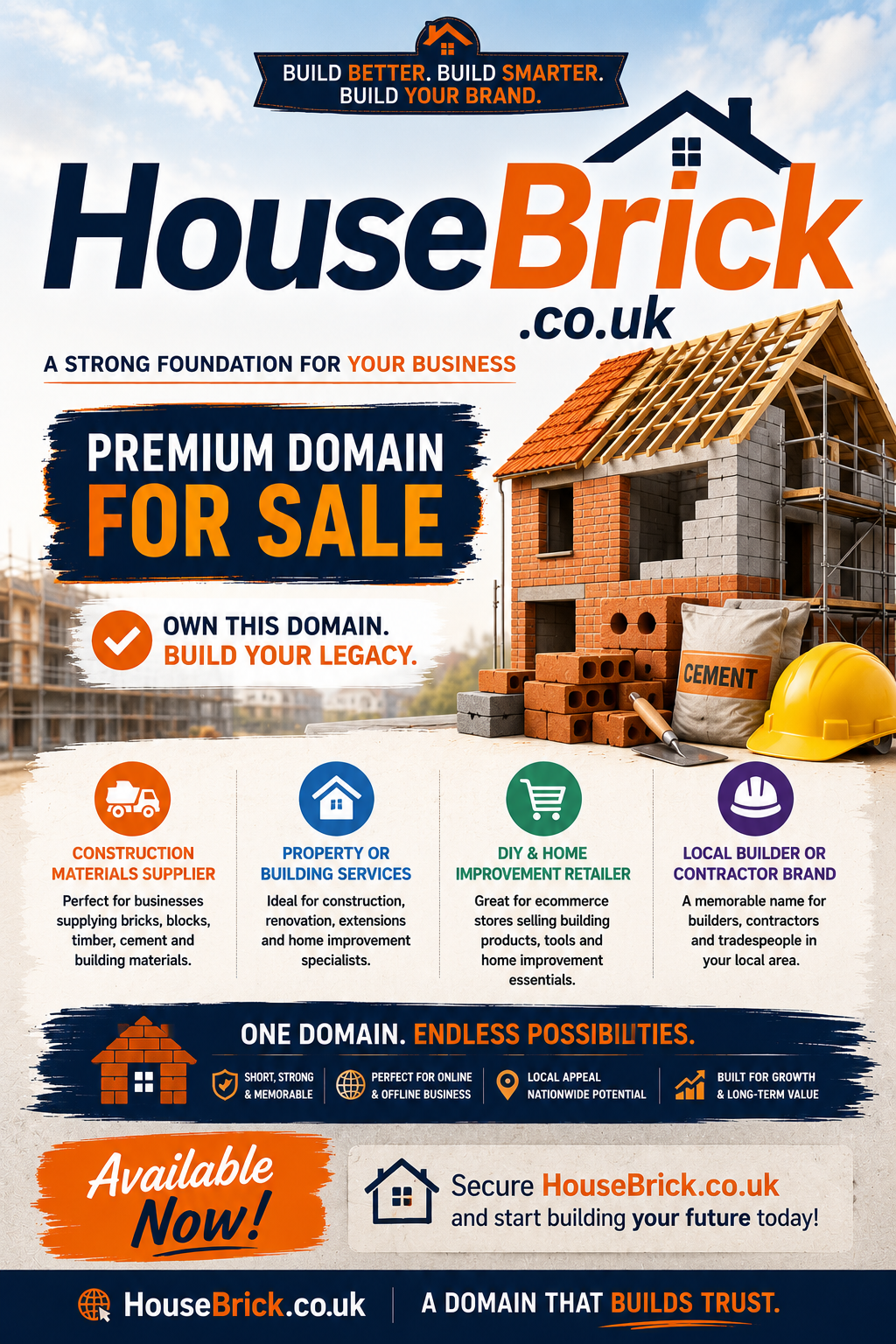 Promotional graphic featuring the domain HouseBrick.co.uk, shown with house construction materials and brickwork. Style: bright professional building trade branding.