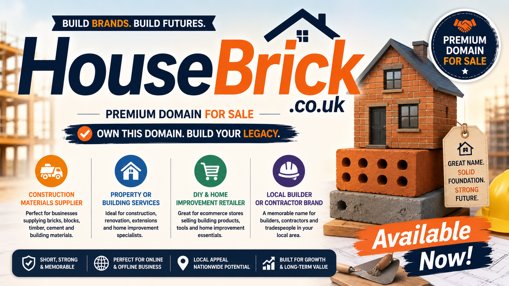 Promotional graphic featuring the domain HouseBrick.co.uk, shown with house construction materials and brickwork. Style: bright professional building trade branding.
