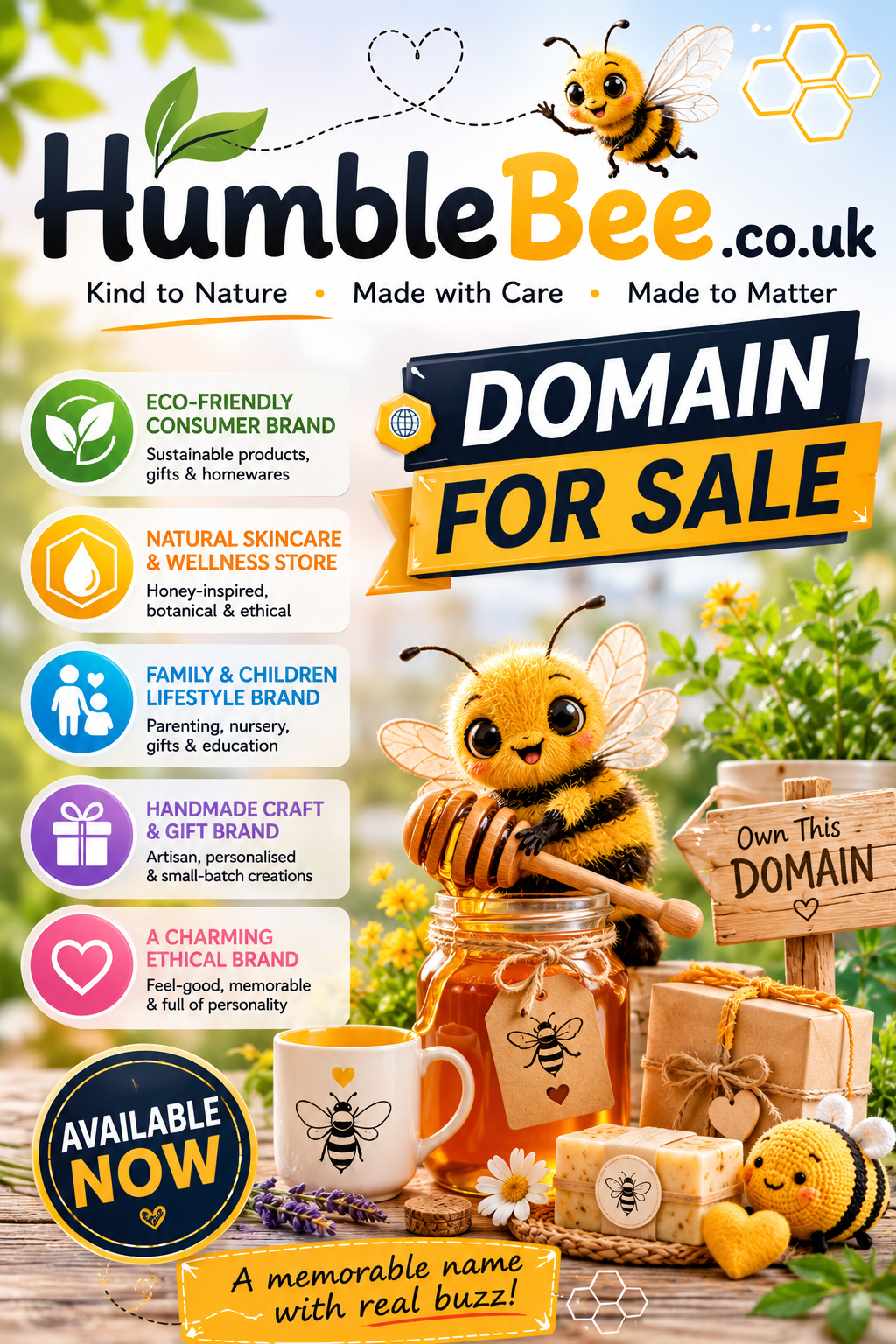 Promotional graphic featuring the domain HumbleBee.co.uk, shown with bee-themed gifts and eco-friendly products. Style: bright, friendly, artisan branding.
