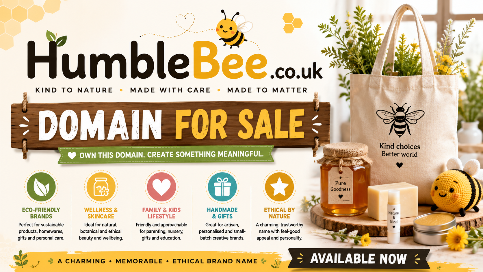 Promotional graphic featuring the domain HumbleBee.co.uk, shown with bee-themed gifts and eco-friendly products. Style: bright, friendly, artisan branding.