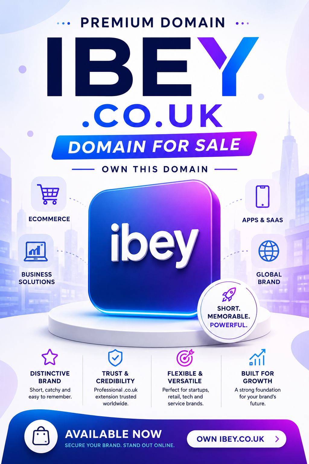 Promotional graphic featuring the domain IBEY.co.uk with glowing startup visuals and ecommerce icons. Style: modern premium.