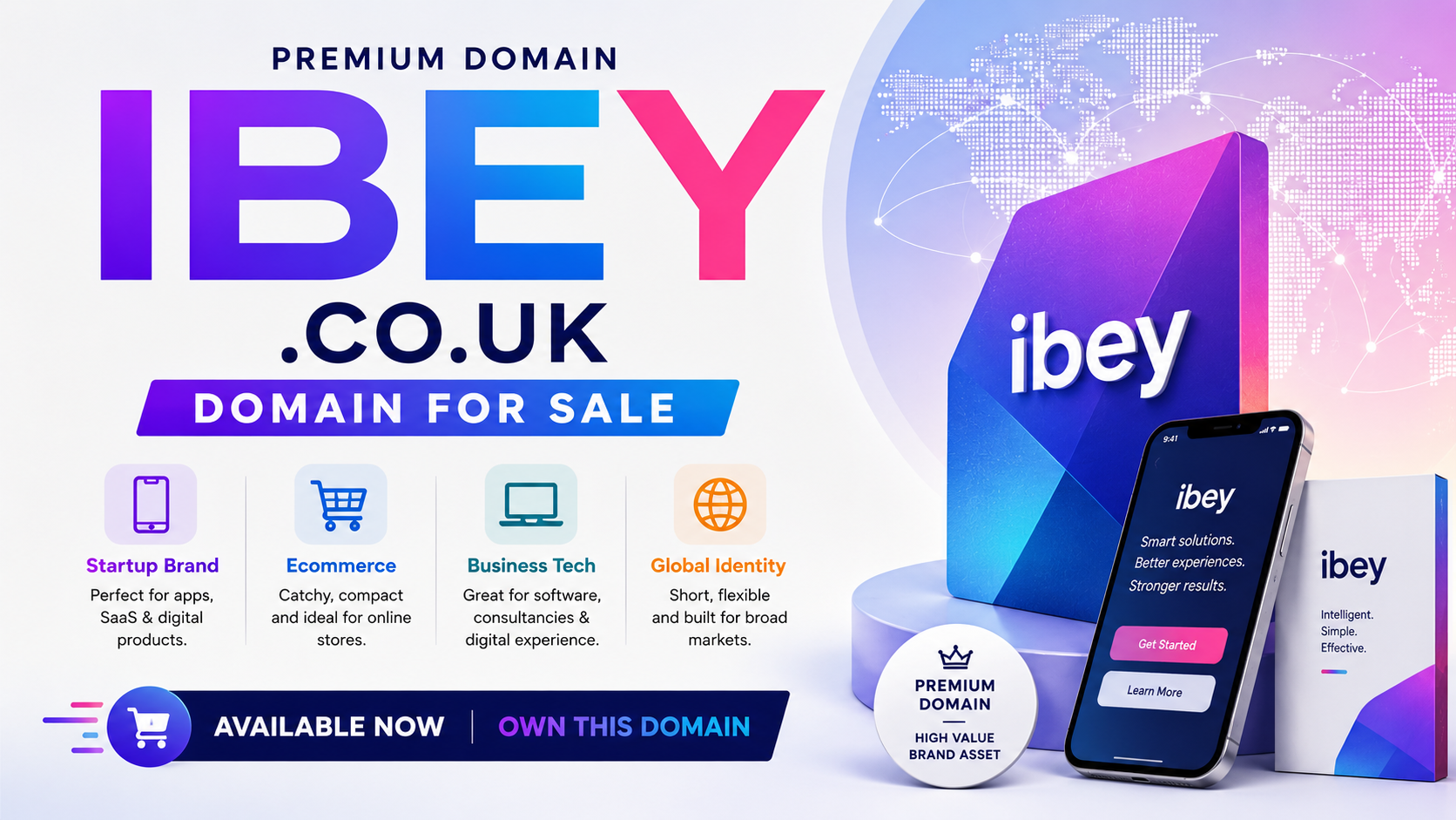 Promotional graphic featuring the domain IBEY.co.uk with glowing startup visuals and ecommerce icons. Style: modern premium.