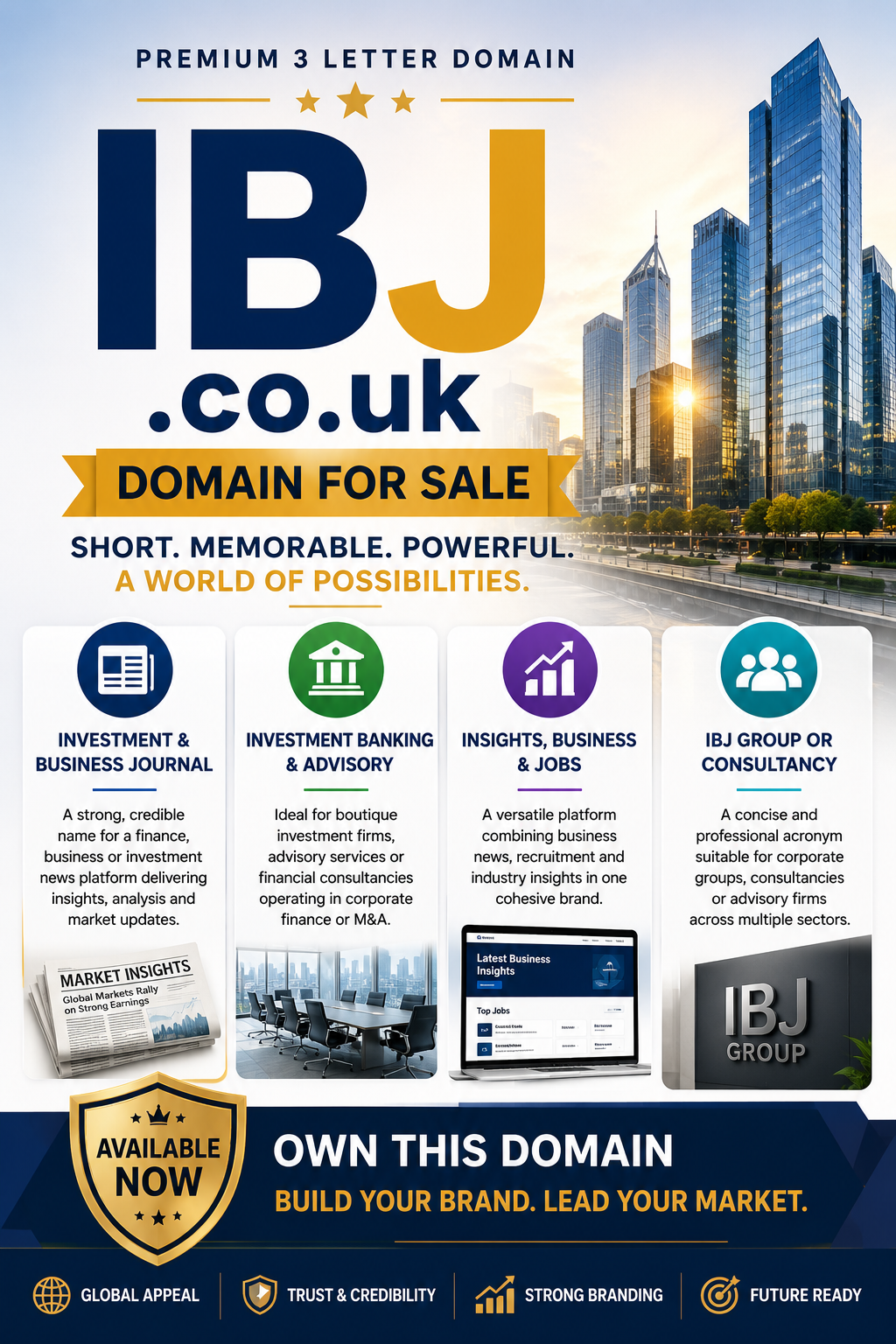Promotional graphic featuring the domain ibj.co.uk with finance icons, skyline and for-sale badge. Style: modern corporate.