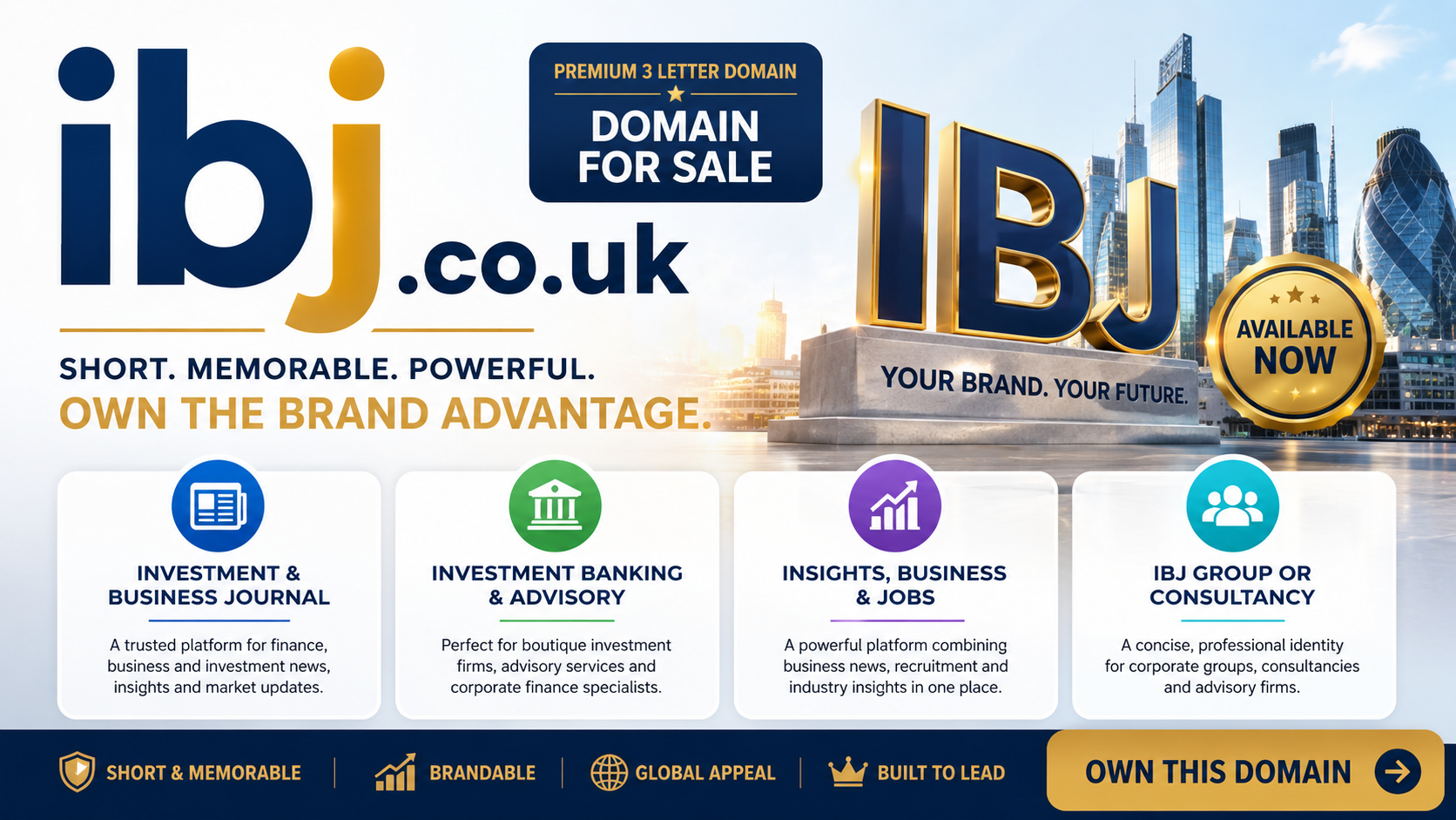 Promotional graphic featuring the domain ibj.co.uk with finance icons, skyline and for-sale badge. Style: modern corporate.