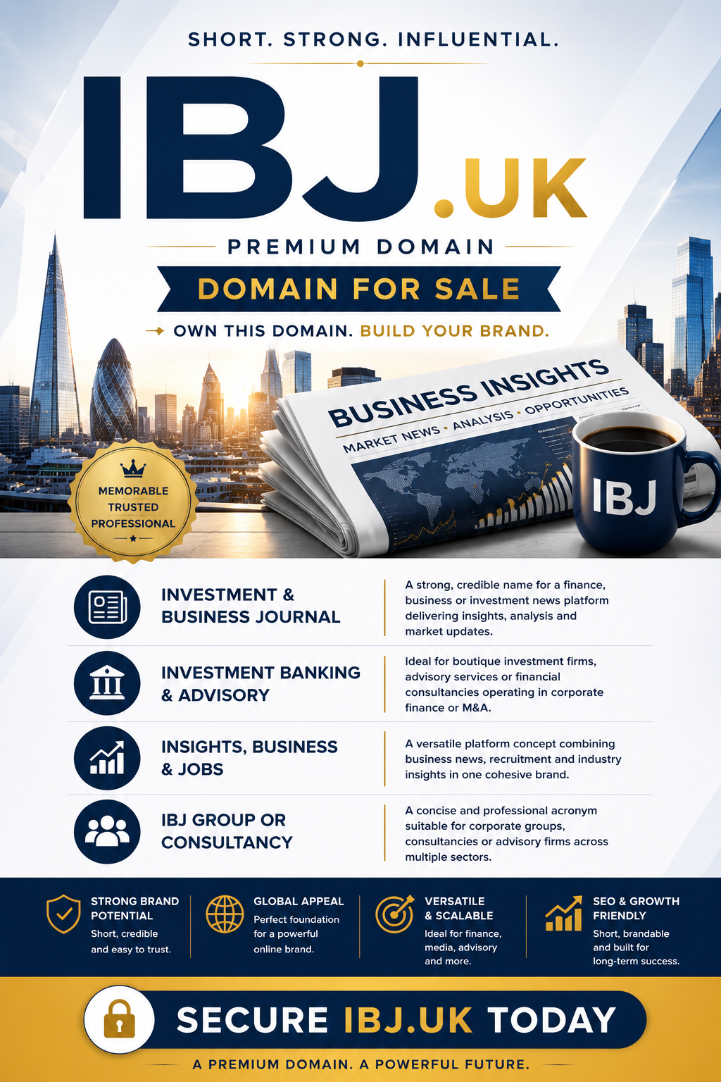 Corporate promotional graphic for IBJ.uk with London skyline, business newspaper imagery and premium finance branding.