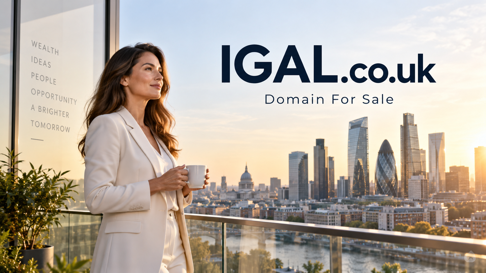 Professional woman in a cream suit stands on a sunlit terrace overlooking the London skyline, with IGAL.co.uk and “Domain For Sale” displayed prominently against the bright city backdrop.