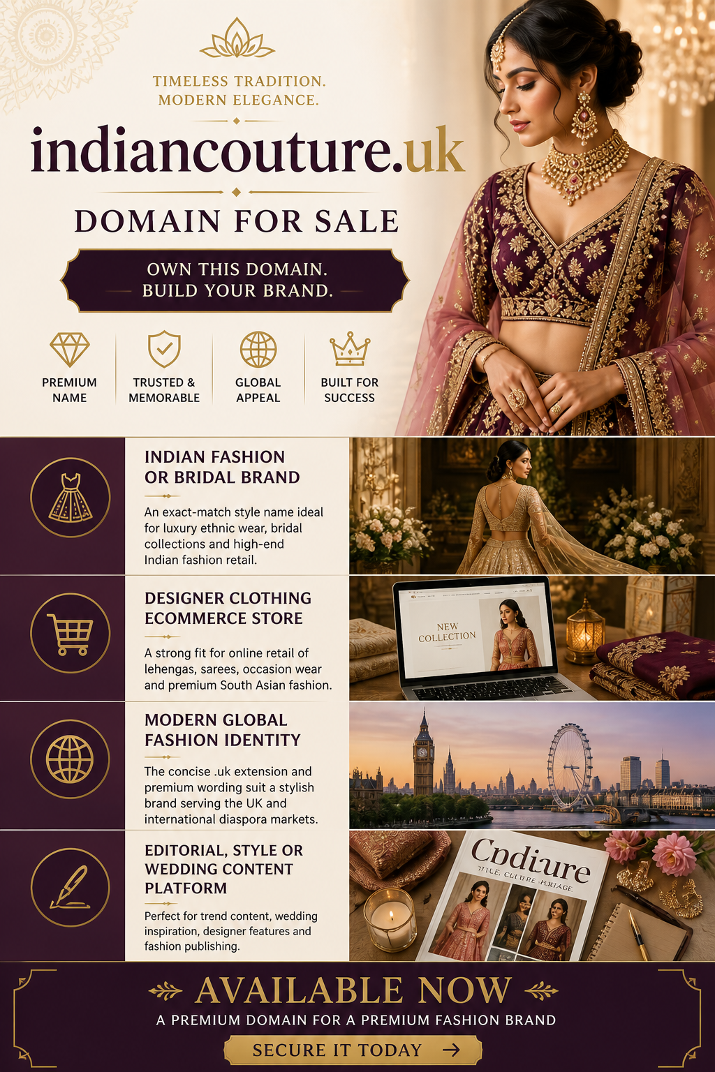 Promotional banner featuring the domain indiancouture.uk, shown with bridal model and ornate patterns. Style: luxurious elegant fashion