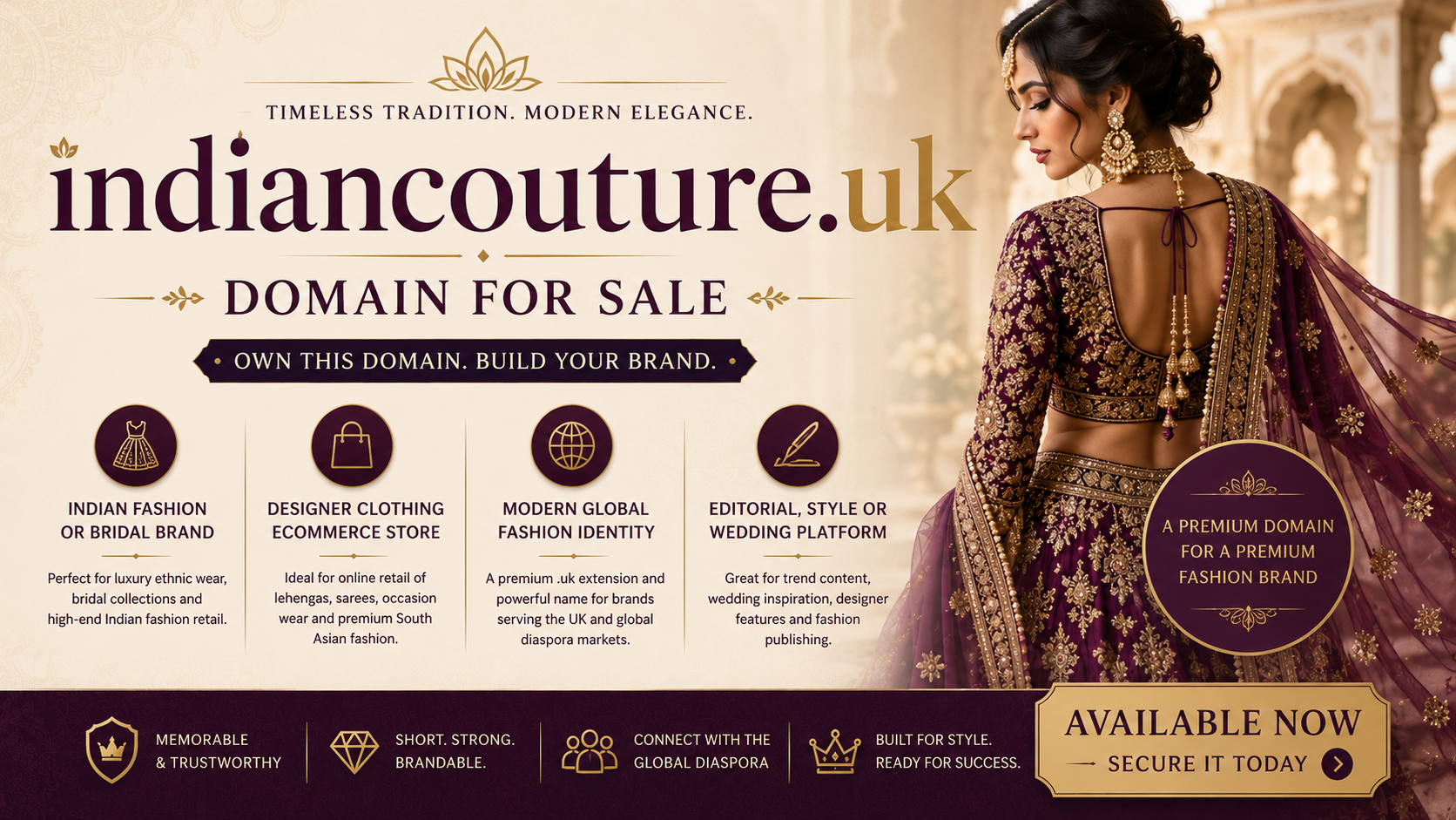 Promotional banner featuring the domain indiancouture.uk, shown with bridal model and ornate patterns. Style: luxurious elegant fashion