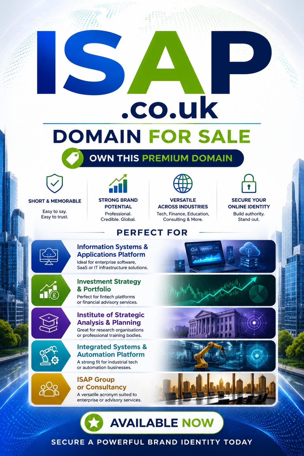 Promotional graphic featuring the domain ISAP.co.uk with fintech charts and enterprise icons. Style: bright modern tech branding.