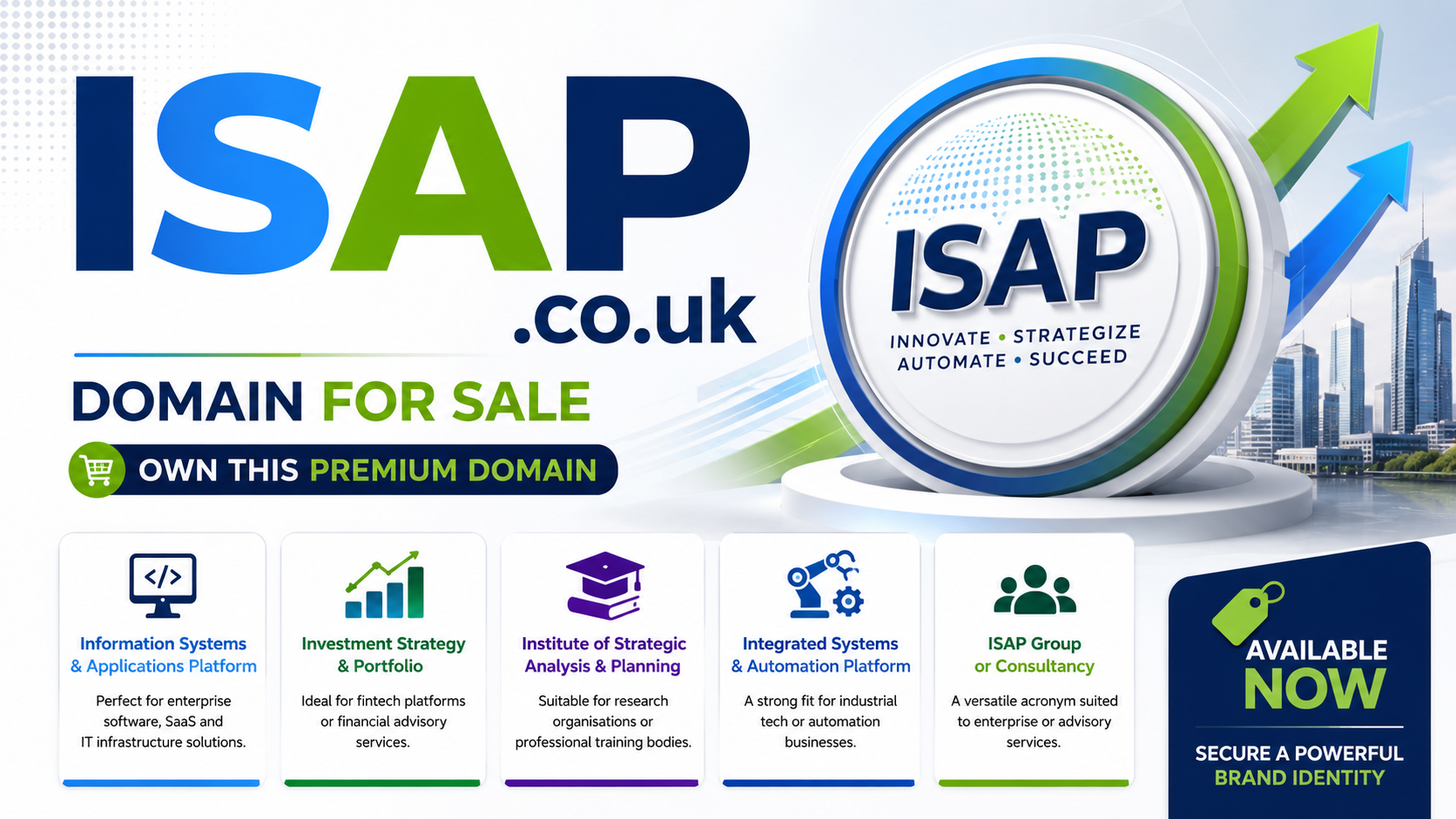 Promotional graphic featuring the domain ISAP.co.uk with fintech charts and enterprise icons. Style: bright modern tech branding.
