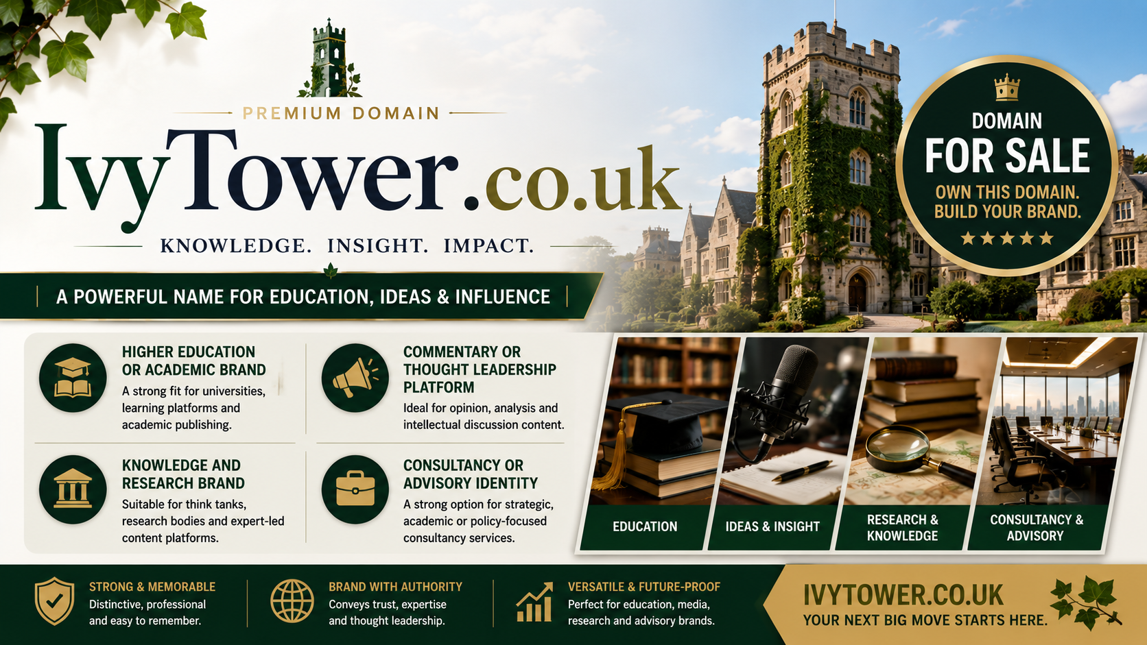 Promotional graphic featuring the domain IvyTower.co.uk, shown with an ivy-covered academic tower and research imagery. Style: bright, authoritative, professional.