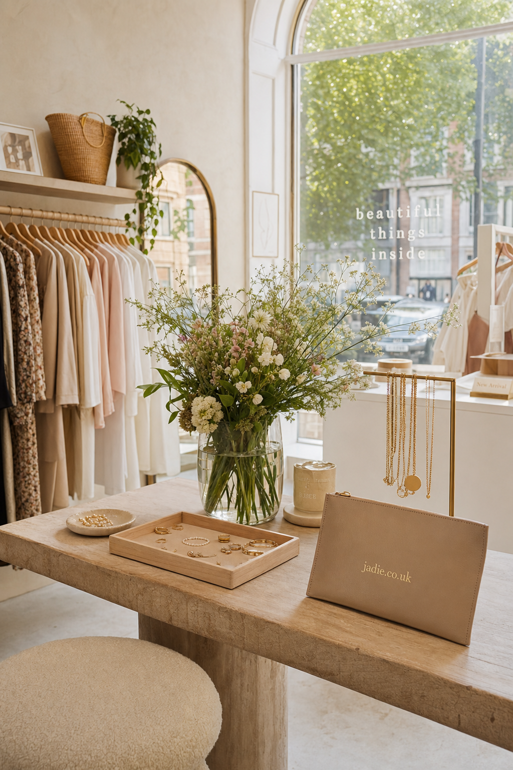 Boutique clothing store interior with neutral tones, wooden table displaying gold jewelry and fresh flowers, beige purse with jadie.co.uk logo, and clothes on racks near large arched window with 'beautiful things inside' lettering