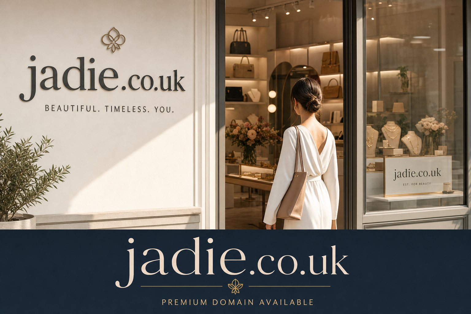 A woman with her hair in a bun and wearing a white dress stands at the entrance of a storefront displaying handbags and jewelry. The exterior wall features the text 'jadie.co.uk BEAUTIFUL. TIMELESS. YOU.' and the window shows a sign reading 'jadie.co.uk EST. FOR BEAUTY.'.