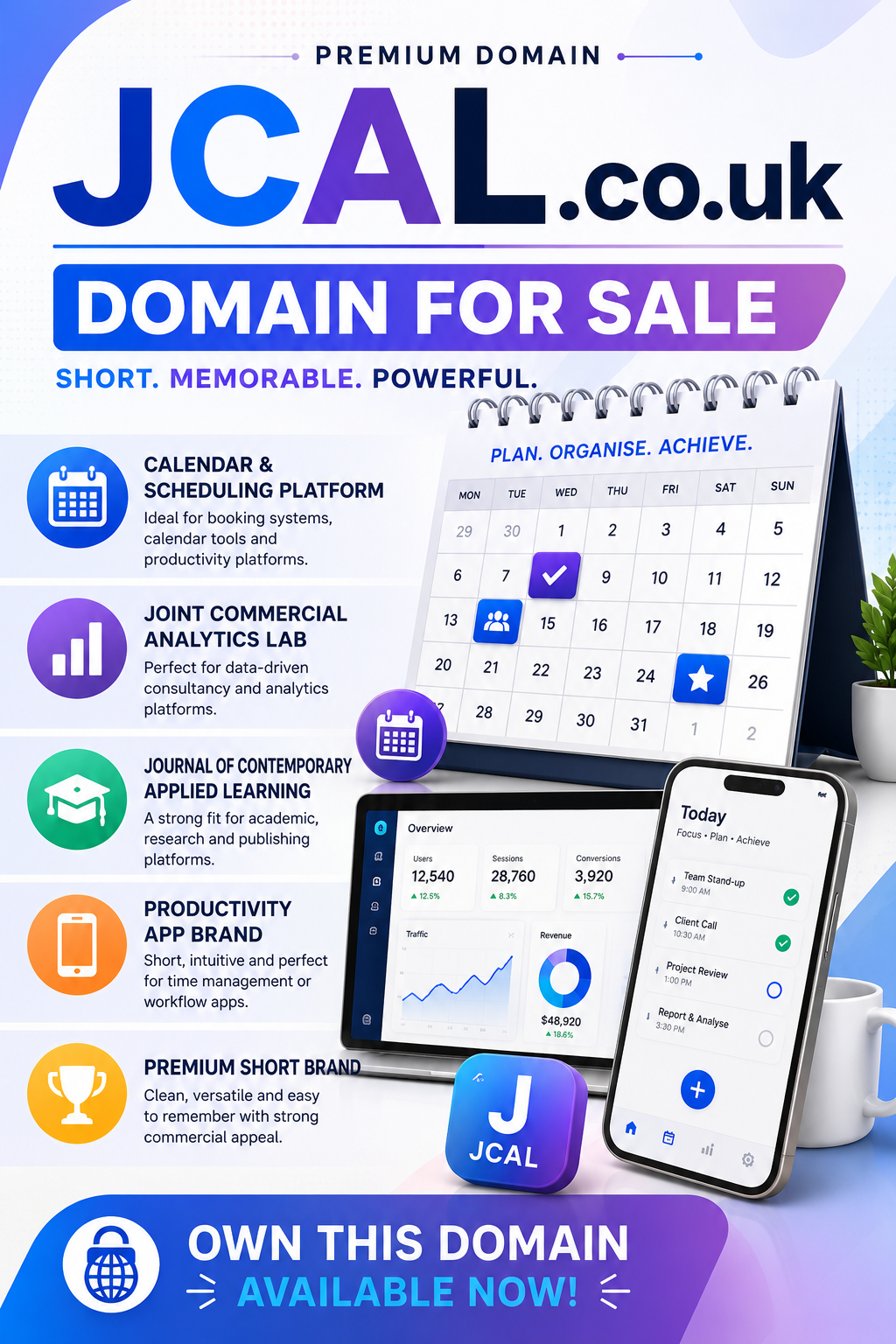 Promotional graphic featuring the domain JCAL.co.uk with calendar UI, analytics charts and modern productivity branding. Style: bright premium tech aesthetic.