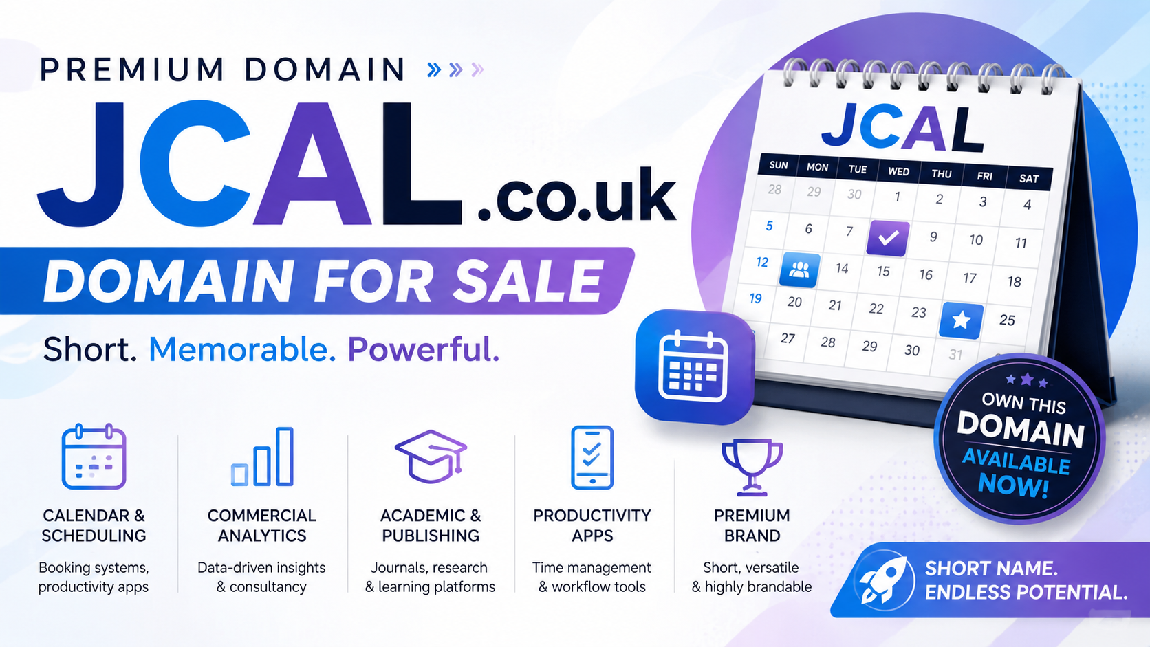 Promotional graphic featuring the domain JCAL.co.uk with calendar UI, analytics charts and modern productivity branding. Style: bright premium tech aesthetic.
