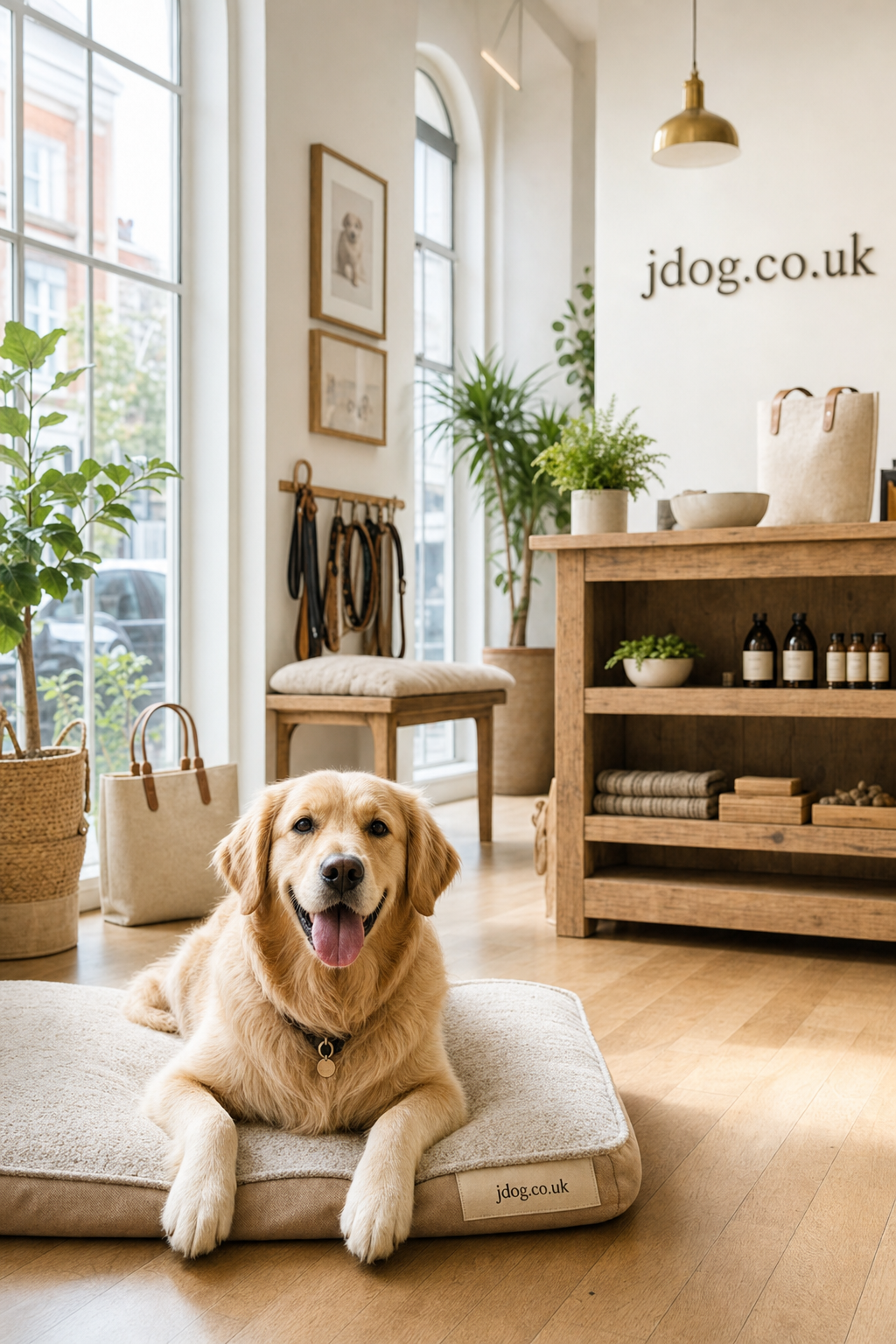 A happy golden retriever lying on a beige dog bed inside a bright, stylish pet store featuring wooden furniture, indoor plants, dog leashes, and pet care products, with the domain 'jdog.co.uk' displayed on the wall and dog bed.