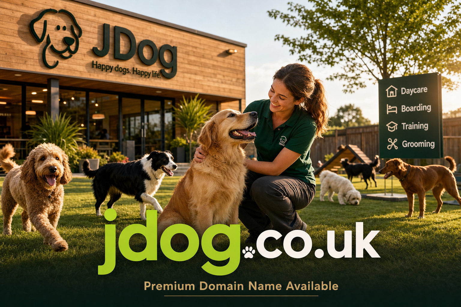 A woman in a green shirt kneels outdoors on grass, smiling at a sitting golden retriever while several other dogs roam nearby. Behind them is a wooden building with large windows and a sign listing daycare, boarding, training, and grooming services.