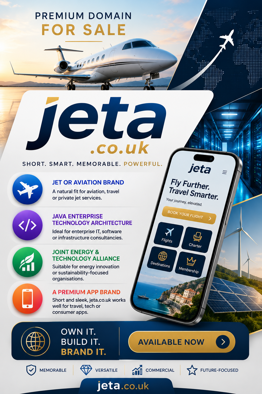 Promotional graphic featuring the domain jeta.co.uk with private jet imagery, travel app screens and tech visuals. Style: modern premium.
