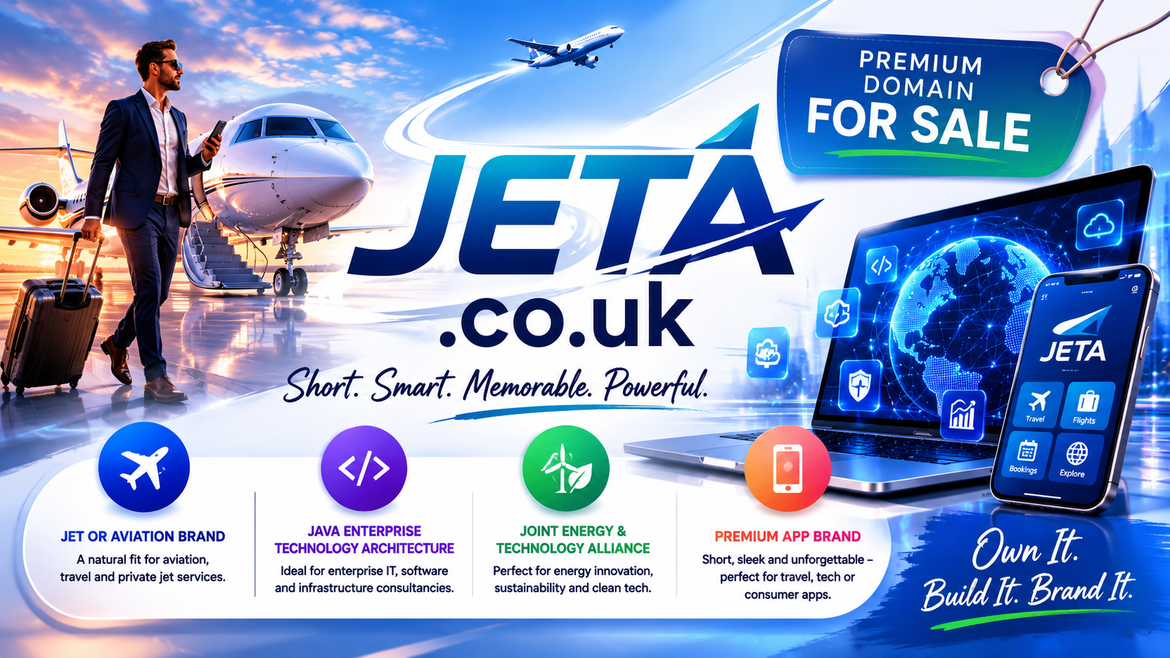 Promotional graphic featuring the domain jeta.co.uk with private jet imagery, travel app screens and tech visuals. Style: modern premium.