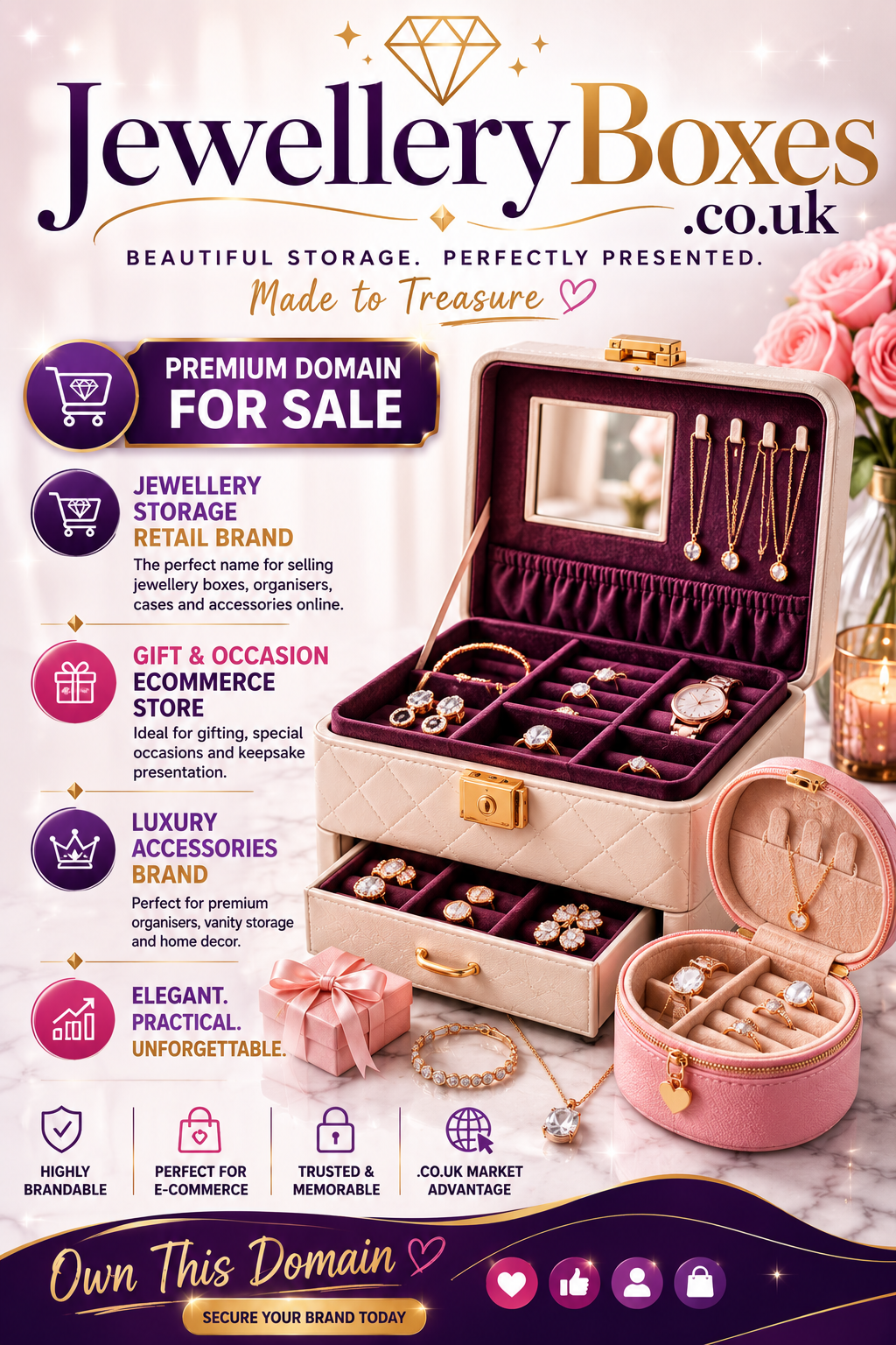 Promotional graphic featuring the domain JewelleryBoxes.co.uk, shown with luxury jewellery boxes and sparkling accessories. Style: elegant premium ecommerce branding.