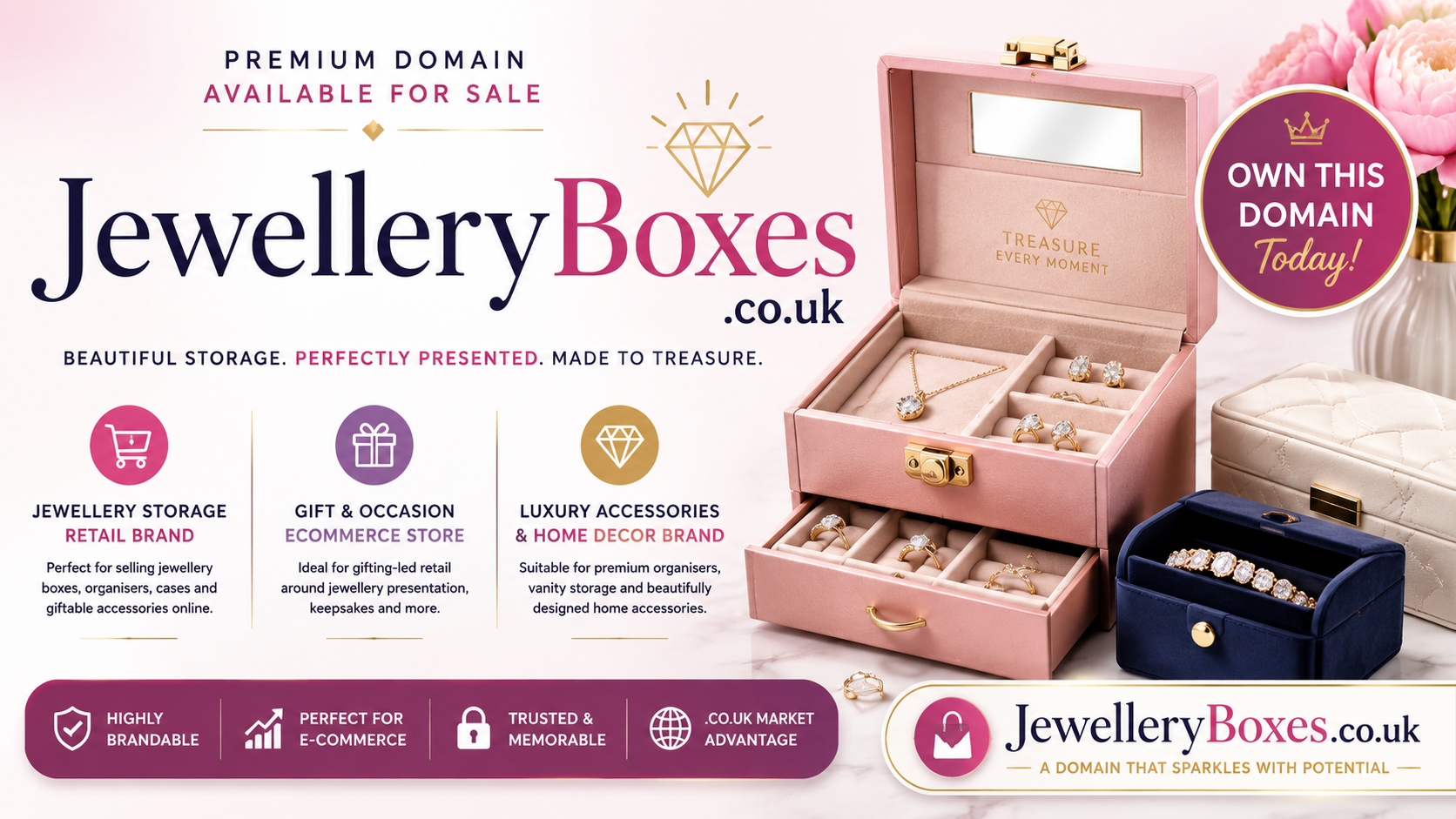 Promotional graphic featuring the domain JewelleryBoxes.co.uk, shown with luxury jewellery boxes and sparkling accessories. Style: elegant premium ecommerce branding.