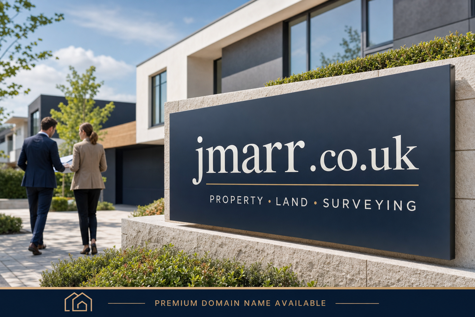 Two business professionals walk along a paved path beside a modern residential building. In the foreground, a large stone and metal sign reads 'jmarr.co.uk' with the words 'Property Land Surveying' below it.