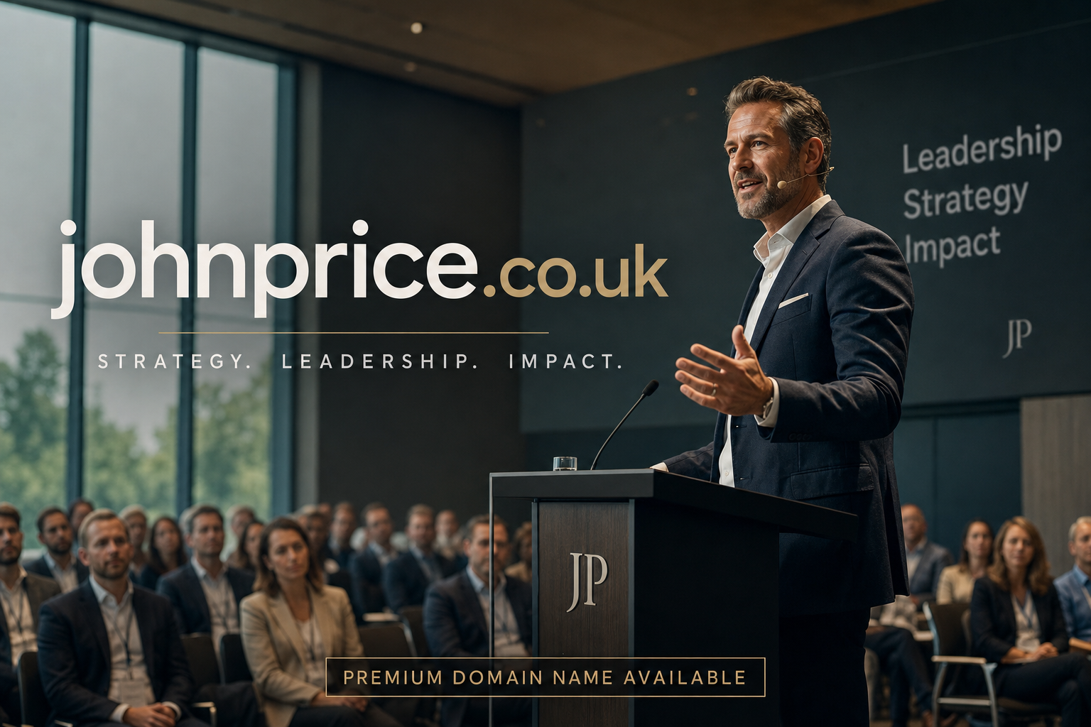 A man in a suit and white shirt speaks at a podium labeled 'JP' in front of an audience seated in a modern conference room with large windows. Text overlays read 'johnprice.co.uk', 'Strategy. Leadership. Impact.', and 'Premium domain name available.'