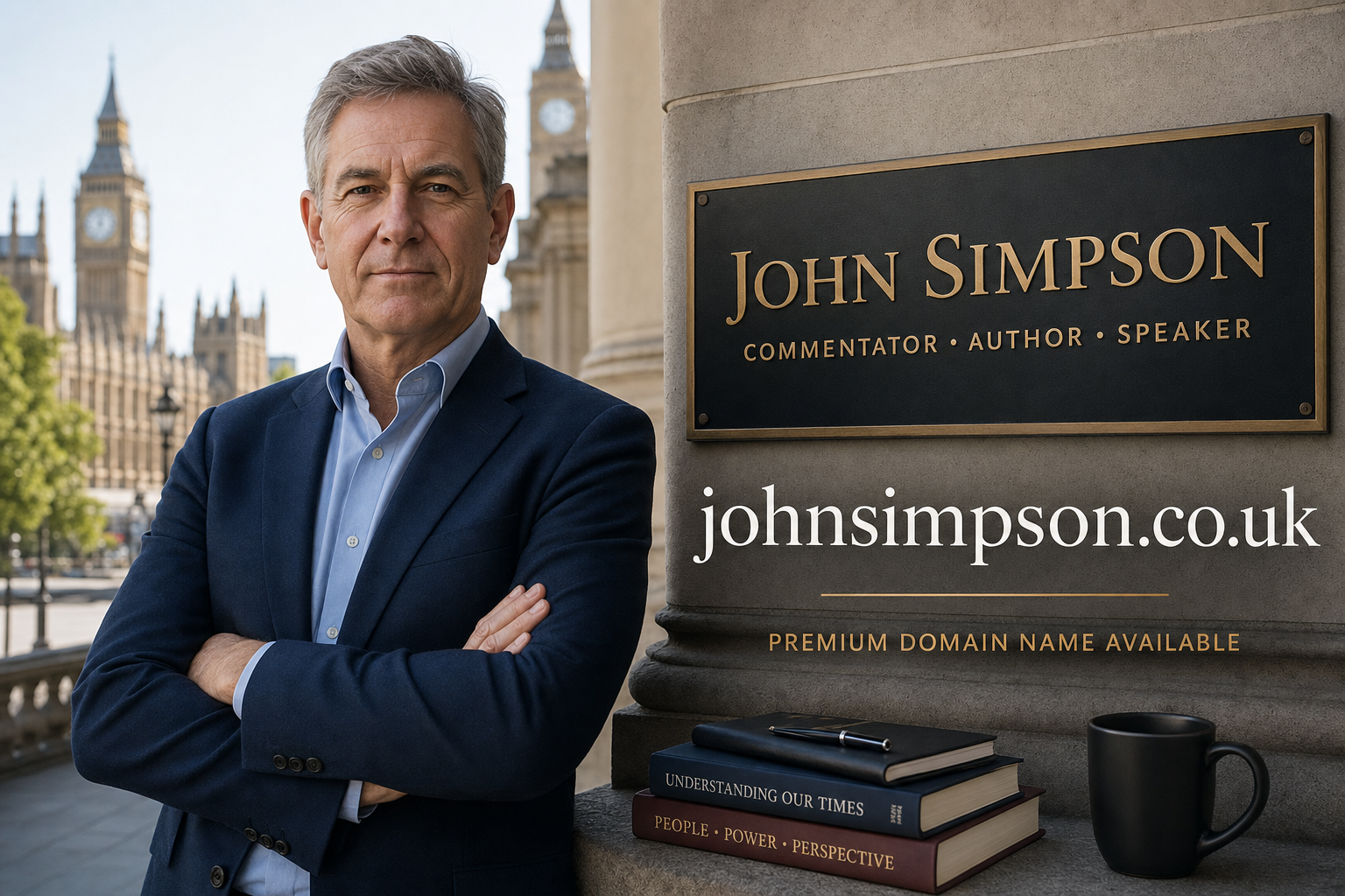 A middle-aged man in a blue suit with arms crossed stands outside near a stone pillar. A plaque on the pillar reads "JOHN SIMPSON COMMENTATOR • AUTHOR • SPEAKER." Two books and a black mug are on a ledge beside him, with London's Big Ben visible in the background.