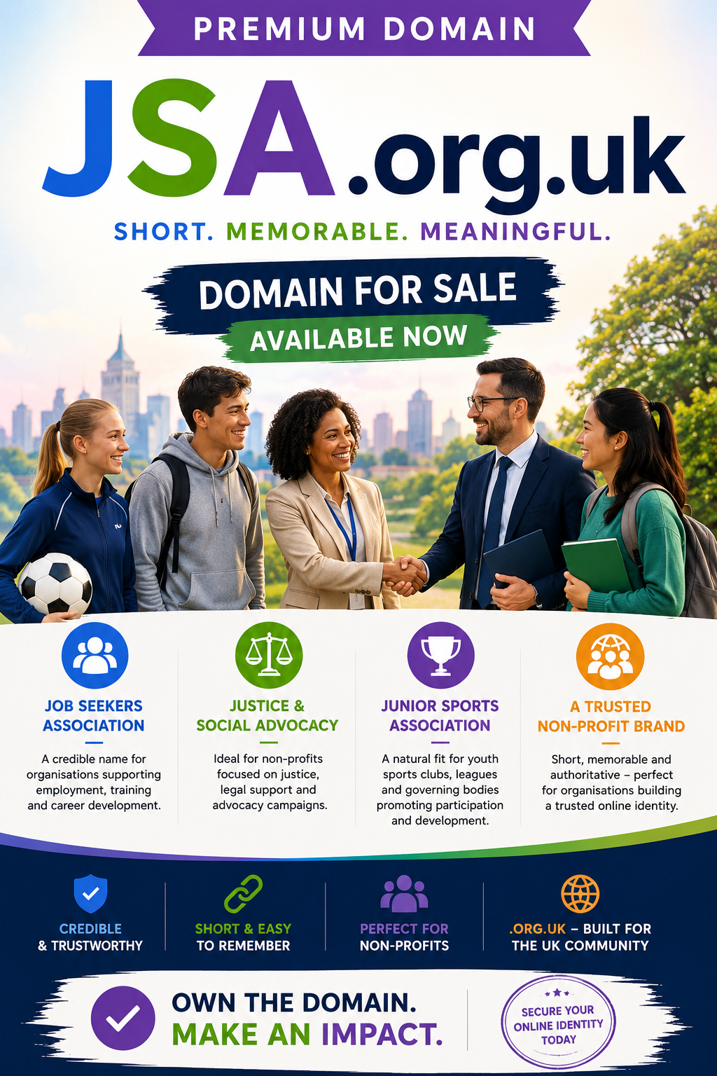 Promotional graphic featuring the domain JSA.org.uk, shown with community members and advocacy icons. Style: bright professional non-profit branding.