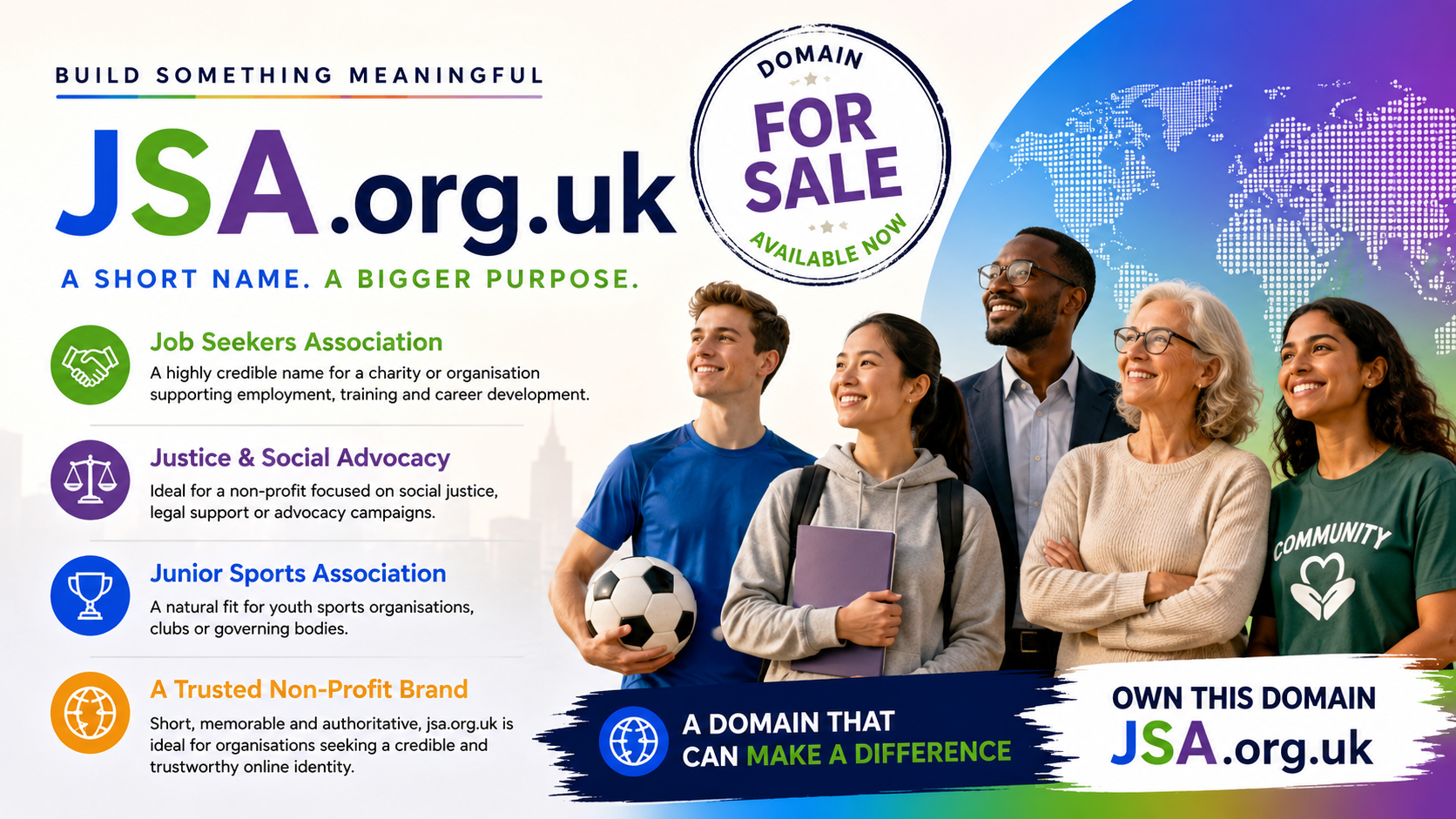 Promotional graphic featuring the domain JSA.org.uk, shown with community members and advocacy icons. Style: bright professional non-profit branding.