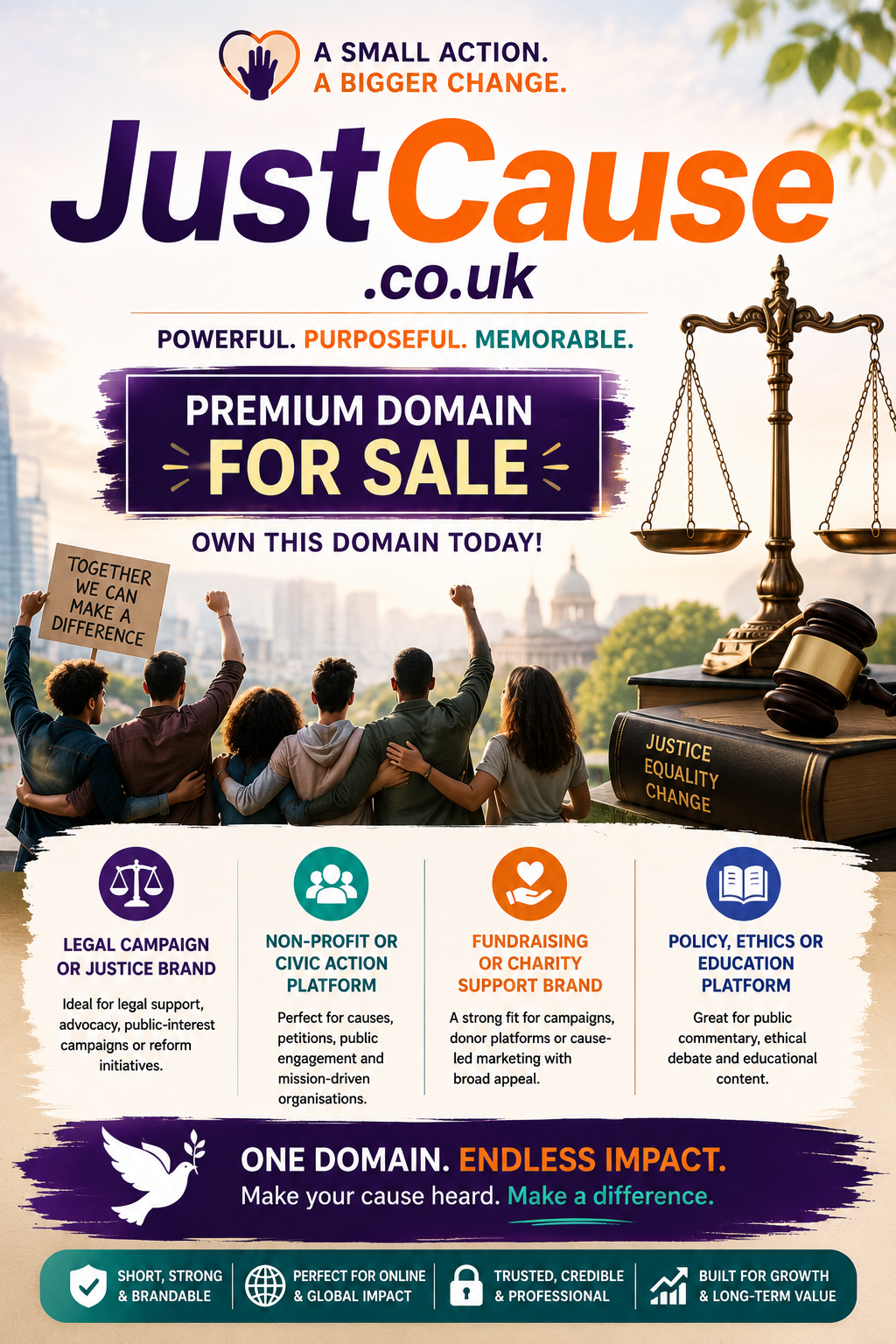 Promotional graphic featuring the domain JustCause.co.uk, shown with justice scales and community campaign imagery. Style: bright professional advocacy branding.