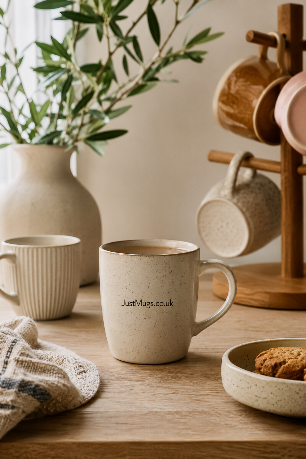 Morning light falls across a thoughtfully styled kitchen with handcrafted ceramic mugs, warm wooden textures and a cosy drink station. A single mug printed with JustMugs.co.uk sits in focus, reflecting a welcoming ecommerce brand dedicated to quality drinkware.