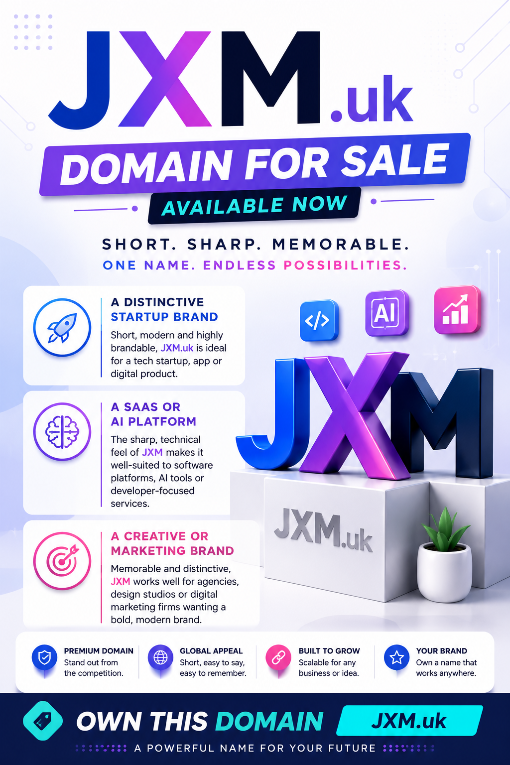 Promotional graphic featuring the domain JXM.uk, shown with bold 3D lettering and startup branding elements. Style: bright modern tech aesthetic.