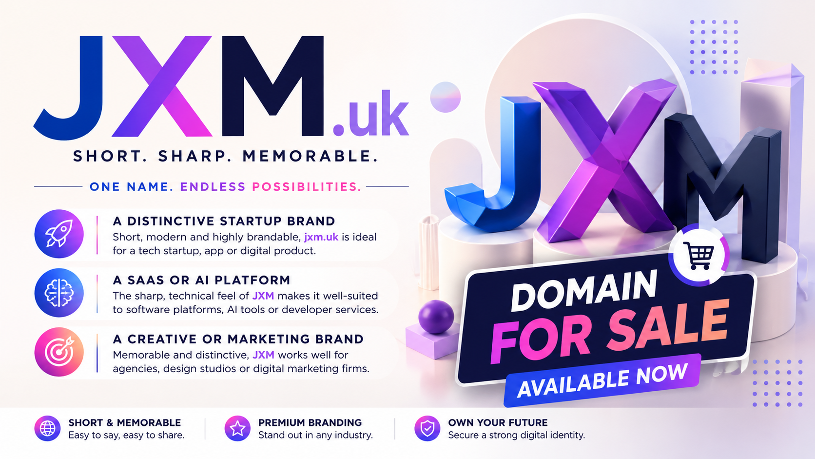 Promotional graphic featuring the domain JXM.uk, shown with bold 3D lettering and startup branding elements. Style: bright modern tech aesthetic.