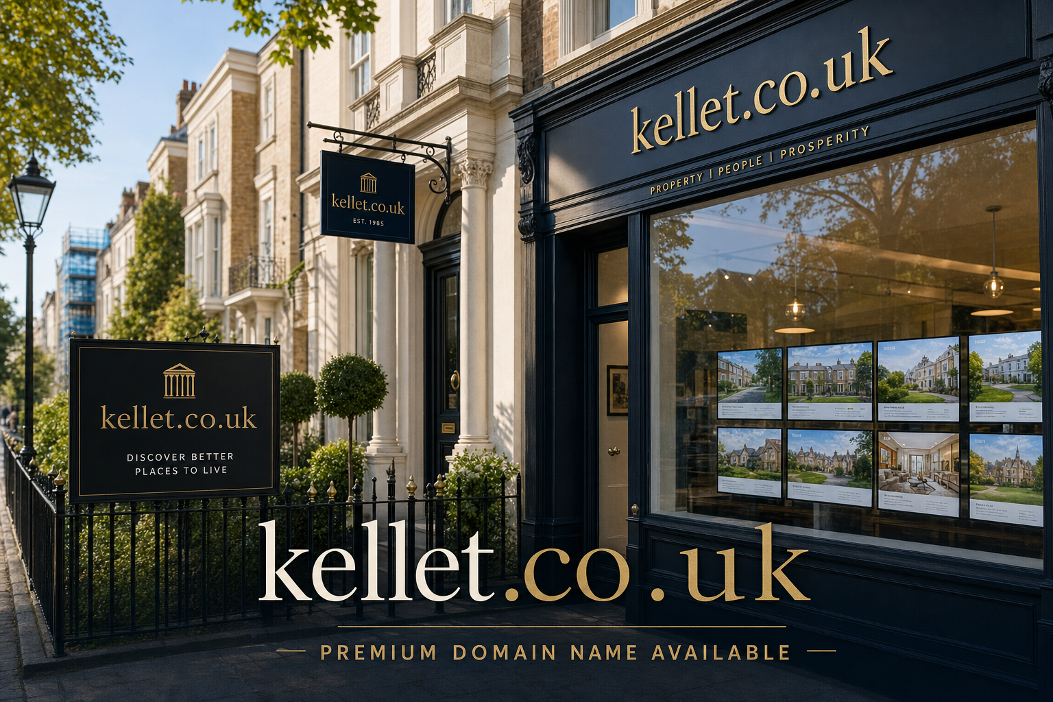 A storefront with a dark façade displaying the domain kellet.co.uk in gold letters. The window shows property listings with photos and descriptions. A hanging sign and a board outside also feature the domain and the tagline "Discover better places to live".