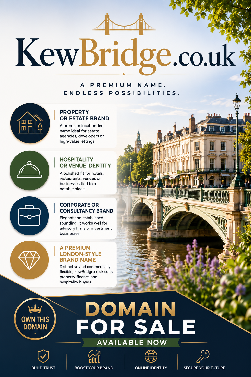 Promotional graphic featuring the domain KewBridge.co.uk, shown with a riverside bridge and premium London-style buildings. Style: elegant and professional.
