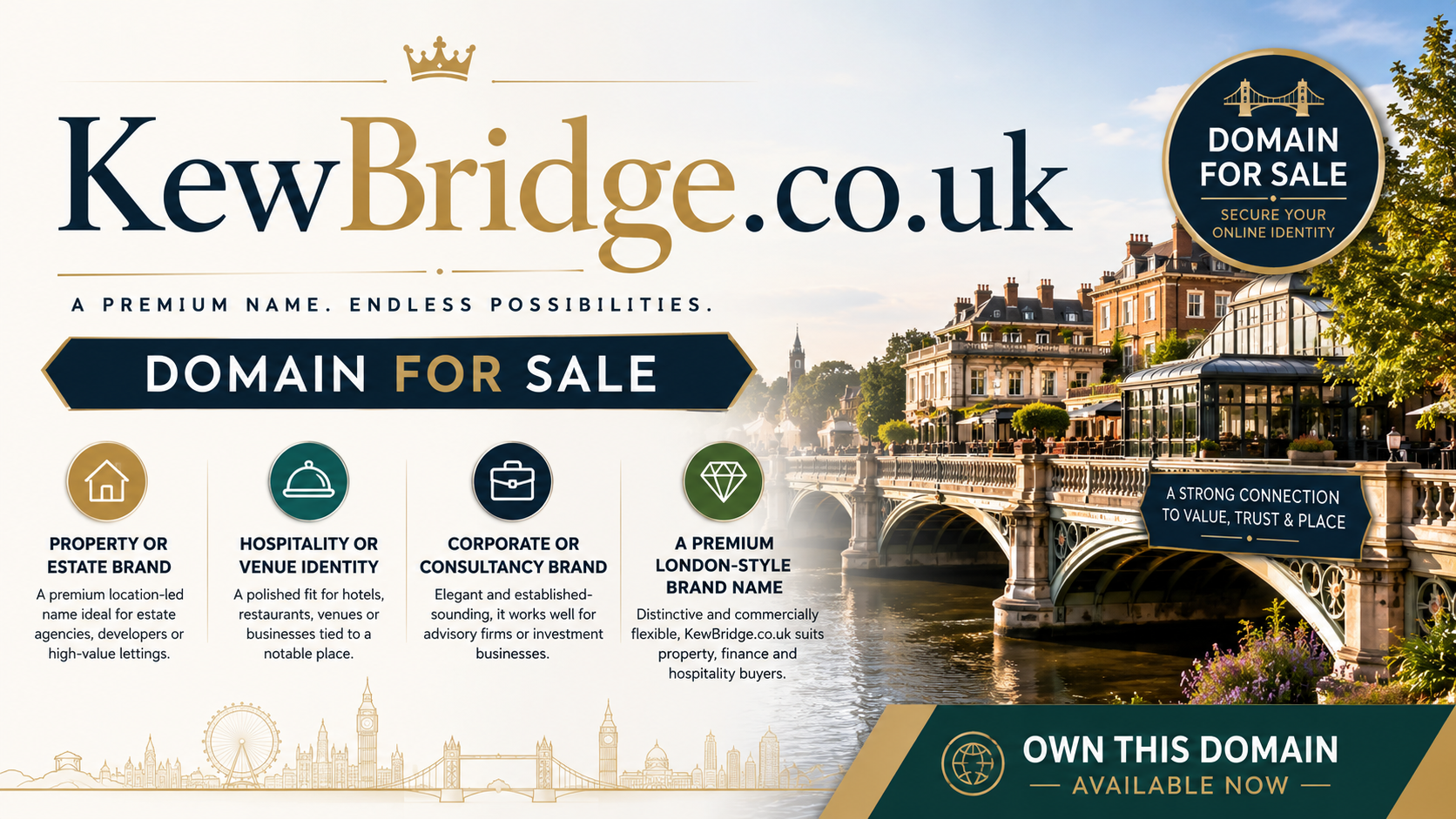 Promotional graphic featuring the domain KewBridge.co.uk, shown with a riverside bridge and premium London-style buildings. Style: elegant and professional.